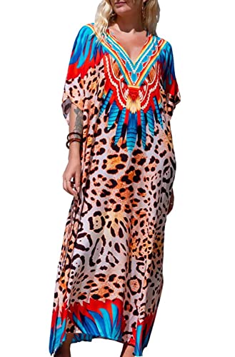 Orshoy Damen Tunika Kleid Casual Kleid V-Ausschnitt Kurzarm Freizeitkleid Maxikleider Blumenmuster Partykleid Sommerkleid Lange Freizeitkleider Ethnischer Druck Lose Kaftan B-Leopardenmuster von Orshoy