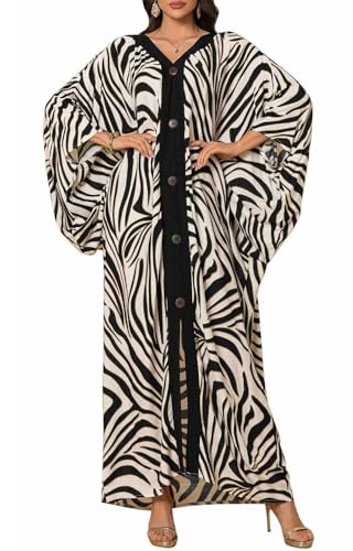 Orshoy Damen V-Ausschnitt Kaftan Langes Beachwear Bikini Cover Up Boho Strandkleider Vertuschungen Caftan Maxi Kleid Sommer Nachtwäsche Schwarz Weiß Zebra von Orshoy