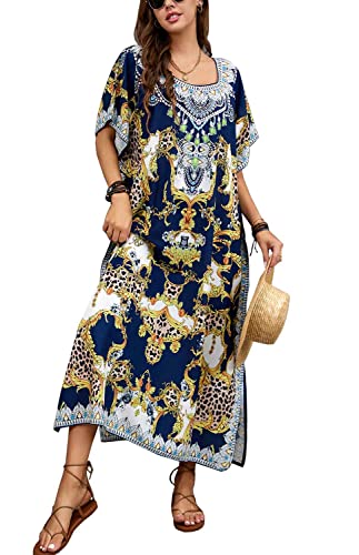 Orshoy Damen V-Ausschnitt Kleider Casual Boho Kleid Maxikleid Partykleid Cocktailkleid Sommer Umstandskleid Print Kaftan Beach Dress B-Navyblau von Orshoy