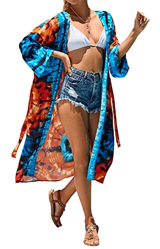 Orshoy Damen offener Vorderseite Baumwolle Kimono Jacke Bademode Vertuschung Strand Abdeckung up Loungewear Vertuschungsroben Strand Casual Beach Cardigan A-Orange/Blau von Orshoy