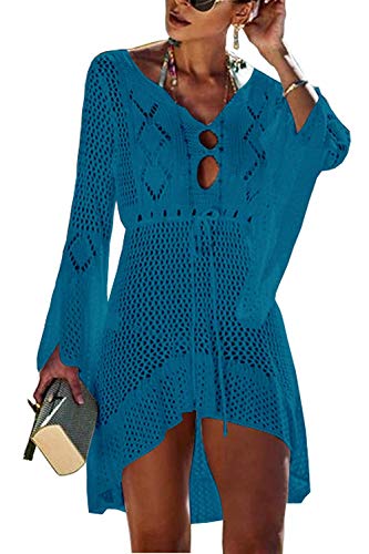 Orshoy Elegant Crochet Stricken Bikini Cover Up Boho Strandponcho Strandkleid Bikini Cover up Strandkleider Strandponcho Sommer Strand Tunika Chiffon Pareos , Einheitsgröße, Pfau Blau von Orshoy