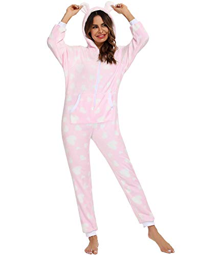 Orshoy Jumpsuit Onesie, Overall, Einteiler flauschig und kuschelig One Piece Overall Schlafoverall warm Tiere Rosa & Herzen Hausanzug Mit Kapuze & Reißverschluss M von Orshoy