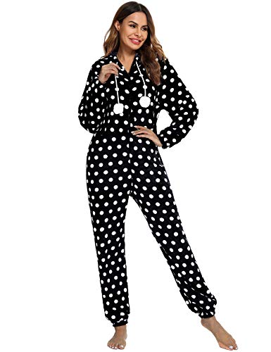 Orshoy Jumpsuit Schlafoverall Damen Overall Onesie Einteiler Pyjama Lang Strampler Nachtwäsche Langarmshirt Playsuit mit Reißverschluss Schwarz-Weiß M von Orshoy