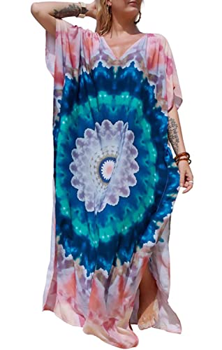 Orshoy Kleider Damen Sommer Lang V-Ausschnitt Wickelkleider Kurzarm Blumen Maxikleider Strandkleider Sommer Strand Maxi Dress Lang Freizeitkleider Nachtwäsche B-Rosa und blau von Orshoy