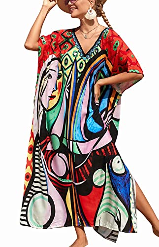 Orshoy Strandkleider Damen Sommer Bikini Cover Up Strandponcho Kleider Boho Lang Kleid Freizeitkleid Bademode Strandurlaub Pareos Cover ups Strandtunika A-Bunte Muster 2 von Orshoy