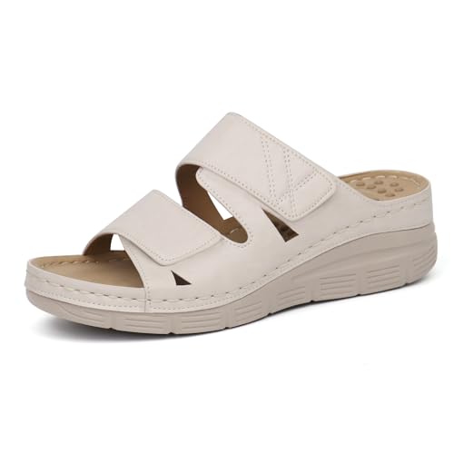 Ortho+rest Damen Pantoletten Fußgewölbe Unterstützung Orthopädische Keilabsatz Sandalen(41,Beige) von Ortho+rest
