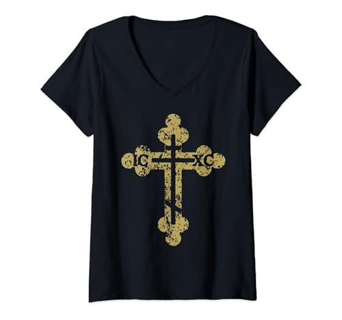 Damen IC XC NIKA Kreuz Christogramm Orthodox Christian T-Shirt mit V-Ausschnitt von -Orthodox Christian-