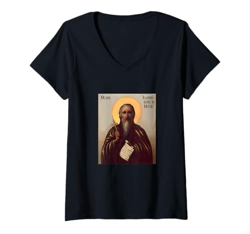 Damen Joannicius der große byzantinische christliche Ikonenkunst T-Shirt mit V-Ausschnitt Damen Joannicius der große byzantinische christliche Ikonenkunst T-Shirt mit V-Ausschnitt von Orthodox Eastern Christianity