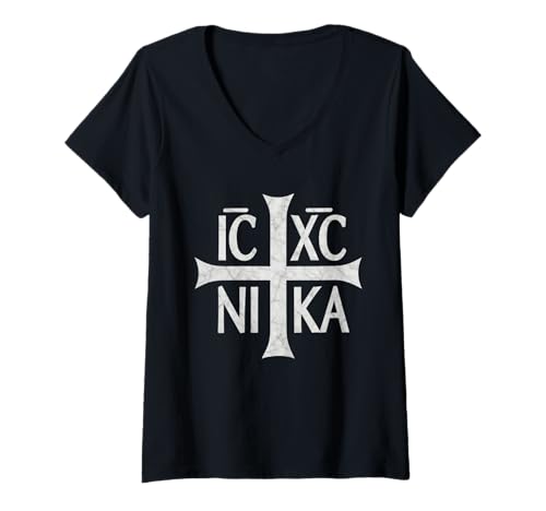 Damen IC XC Nika Cross Christogramm | Orthodox | katholisch T-Shirt mit V-Ausschnitt Damen IC XC Nika Cross Christogramm | Orthodox | katholisch T-Shirt mit V-Ausschnitt von Orthodoxe Geschenke & Co.