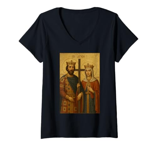 Damen Orthodoxe Ikone der Heiligen Konstantine & Helen - Christian T-Shirt mit V-Ausschnitt von Orthodoxe Geschenke & Co.
