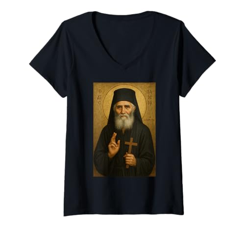 Damen Orthodoxe Ikone des Heiligen Joseph der Hesychast T-Shirt mit V-Ausschnitt von Orthodoxe Geschenke & Co.
