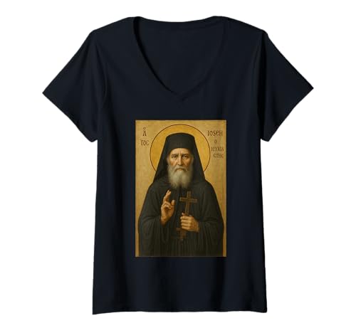 Damen Orthodoxe Ikone von Saint Paissios von Mount Athos T-Shirt mit V-Ausschnitt von Orthodoxe Geschenke & Co.