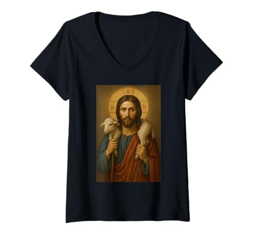 Damen Orthodoxer Christus der Gute Hirte Ikone - Lamm Gottes T-Shirt mit V-Ausschnitt Damen Orthodoxer Christus der Gute Hirte Ikone - Lamm Gottes T-Shirt mit V-Ausschnitt von Orthodoxe Geschenke & Co.