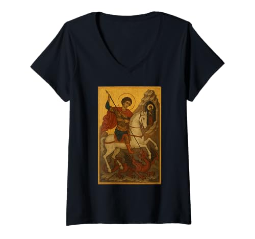 Damen Orthodoxe Ikone von Saint George gegen das Biest T-Shirt mit V-Ausschnitt von Orthodoxe Ikone von Saint George
