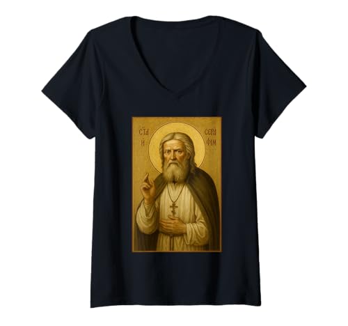 Damen Christliche orthodoxe Ikone von Saint Seraphim T-Shirt mit V-Ausschnitt Damen Christliche orthodoxe Ikone von Saint Seraphim T-Shirt mit V-Ausschnitt von Orthodoxe Ikonen, Geschenke & Co.