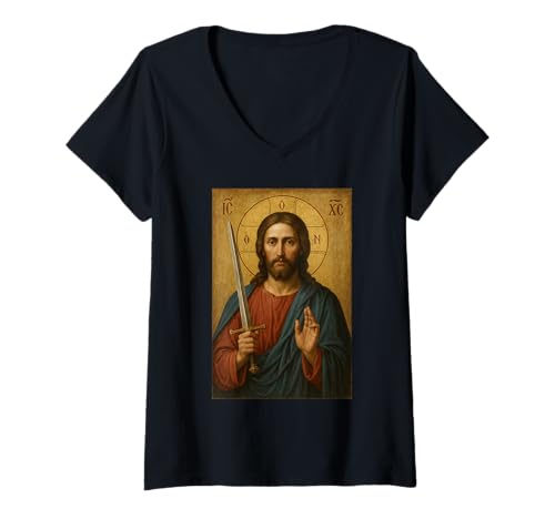 Damen Jesus Christus mit Einer Schwert Ikone - orthodoxe Ikone T-Shirt mit V-Ausschnitt von Orthodoxe Ikonen, Geschenke & Co.