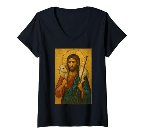Damen Orthodoxe Ikone Jesu Christi der Gute Hirte T-Shirt mit V-Ausschnitt Damen Orthodoxe Ikone Jesu Christi der Gute Hirte T-Shirt mit V-Ausschnitt von Orthodoxe Ikonen, Geschenke & Co.