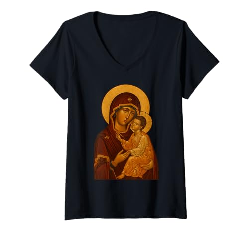 Damen Orthodoxe Ikone der Theotokos - Jungfrau Maria und Jesus T-Shirt mit V-Ausschnitt Damen Orthodoxe Ikone der Theotokos - Jungfrau Maria und Jesus T-Shirt mit V-Ausschnitt von Orthodoxe Ikonen, Geschenke & Co.