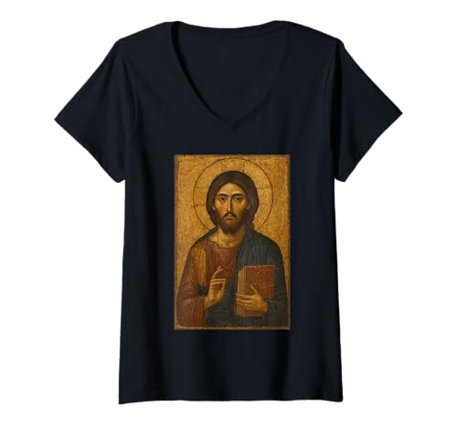 Damen Orthodoxe Ikone von Jesus Christus Pantokrator (Sinai) T-Shirt mit V-Ausschnitt von Orthodoxe Ikonen, Geschenke & Co.