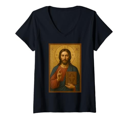 Damen Jesus Christus mit der heiligen Bibelikone - orthodoxe Ikone T-Shirt mit V-Ausschnitt Damen Jesus Christus mit der heiligen Bibelikone - orthodoxe Ikone T-Shirt mit V-Ausschnitt von Orthodoxe Jesus -Ikonen, Geschenke & Co.