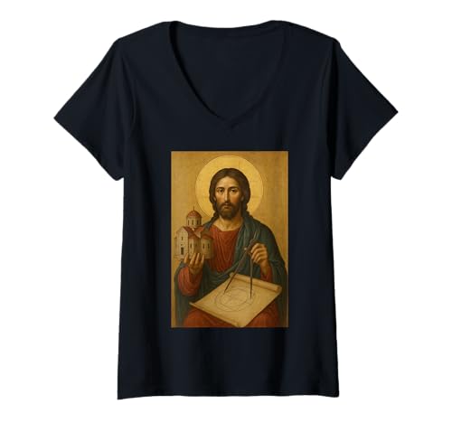 Damen Orthodoxe Ikone Jesus Christus, der göttliche Baumeister T-Shirt mit V-Ausschnitt Damen Orthodoxe Ikone Jesus Christus, der göttliche Baumeister T-Shirt mit V-Ausschnitt von Orthodoxe Jesus -Ikonen, Geschenke & Co.