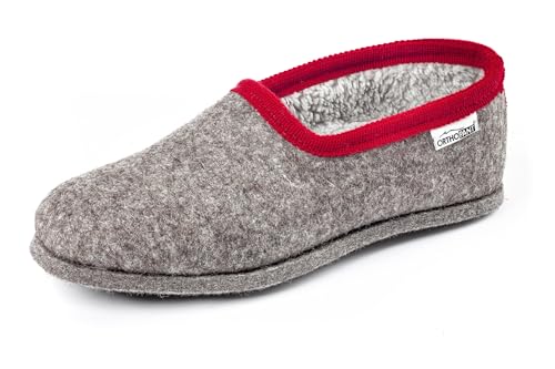 Orthopant Filzpantoffel Classic - Hausschuhe Pantoffel Herren Damen aus feinem Wollfilz, Grau mit roter Borte, CL-104-40 von Orthopant