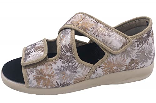 OrtoMed Klettschuhe Senioren Sandale Hausschuh Klettsandale, Beige-gemustert, EU 38 von OrtoMed