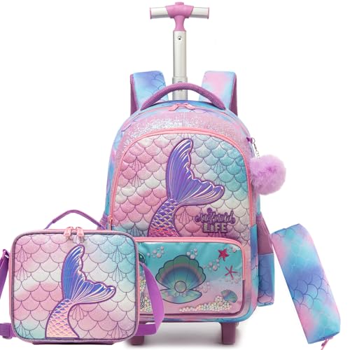 Oruiji Rollrucksack für Kinder 8–12 Jahre, Rucksack mit Rollen für Kinder, Schulbedarf, Lila Meerjungfrau, 17.7" x 12.2" x 7.1", 20L von Oruiji