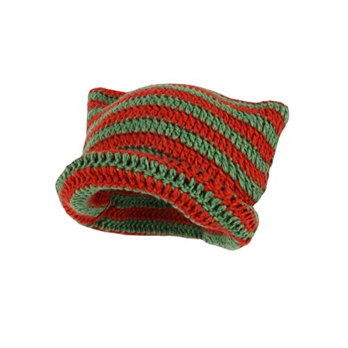 Fairy Grunge Beanie Y2K Katze in der Mütze, gestreift, gehäkelt, Slouchy Mütze, Winter, warm, gestrickt, Alt, Kopfbedeckung, Zubehör, Rot/Ausflug, einfarbig (Getaway Solids), Medium von Alafime