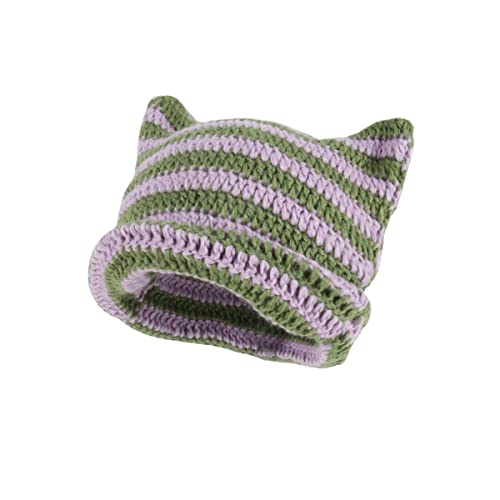 Fairy Grunge Beanie Y2K Katze in der Mütze, gestreift, gehäkelt, Slouchy Mütze, Winter, warm, gestrickt, Alt, Kopfbedeckung, Zubehör, Violett, Medium von Alafime