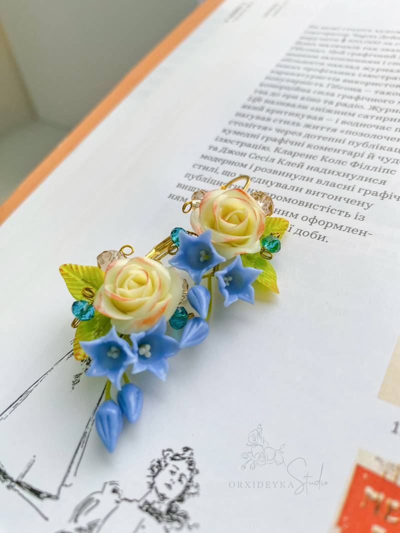 Rose Ohrringe Gelb Zitrone Flieder Anhänger Blau Gelb Schmuck Blume Polymer Clay von OrxideykaStudio