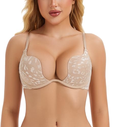 Oscrenia Damen Deep U Plunge-BH Push up BH Tief V-Ausschnitt Leicht Gepolstert W-Form BH Bügel(Leopard Beige,90C) von Oscrenia