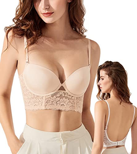 Oscrenia Lowback Comfort Seamless Deep V Bügel-BH Damen Spitze Rückenfrei Bralette(Beige,75C) von Oscrenia
