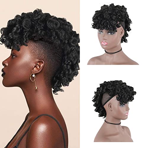 Oseti Mohawk Perücken für schwarze Frauen, niedlich, gelockt, Pferdeschwanz, mit Pony, Clip-in-Haarverlängerung, Afro-Faux Hawks, Mohawk-Haarteil, mit Clip-On-Perücke von Oseti