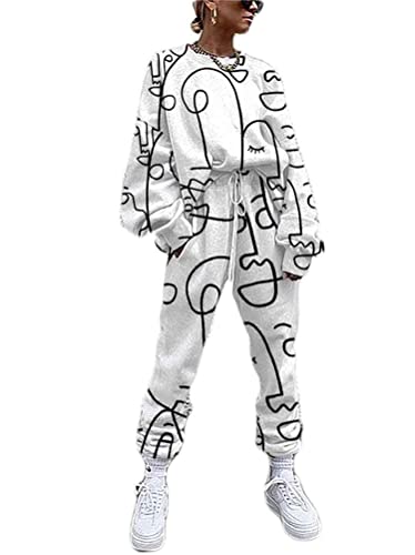 Osheoiso 2 Teilig Damen Bekleidungsset Zweiteiler Sportanzug mit Kunstdruck Trainingsanzug Jogginganzug Freizeitanzug Outfit Set Sweatshirt Sweathose B Muster 2 S von Osheoiso