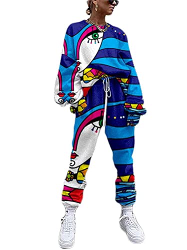 Osheoiso 2 Teilig Damen Bekleidungsset Zweiteiler Sportanzug mit Kunstdruck Trainingsanzug Jogginganzug Freizeitanzug Outfit Set Sweatshirt Sweathose B Muster 4 L von Osheoiso