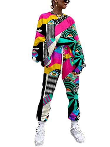 Osheoiso 2 Teilig Damen Bekleidungsset Zweiteiler Sportanzug mit Kunstdruck Trainingsanzug Jogginganzug Freizeitanzug Outfit Set Sweatshirt Sweathose B Muster 5 L von Osheoiso