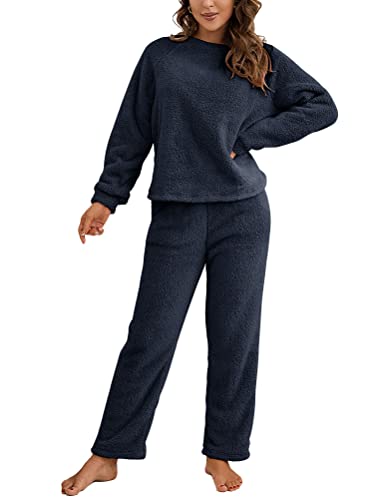 Osheoiso 2 Teilig Damen Freizeitanzug Pyjama Fleece Anzug Zweiteiler Sportanzug Casual Trainingsanzug Jogginganzug Homewear Frauen Outfit Set Sweatshirt Sweathose A Dunkelblau M von Osheoiso