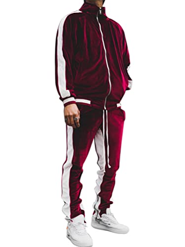 Osheoiso 2 Teilig Herren Jogginganzug 2 Teilig Samt Mantel Jacke + Jogging Hose Zweiteiler Casual Freizeitanzug Outfit Mode Set Zip Up Sweatshirt Sweathose Winter A Violett Rot L von Osheoiso