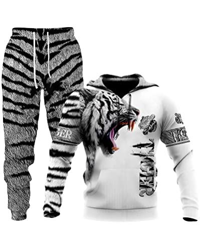 Osheoiso 2 Teilig Herren Jogginganzug Bekleidungsset mit Löwen Tigermuster Zweiteiler Sportanzug Freizeitanzug Outfit Set Sweatshirt Sweathose A 8 XL von Osheoiso