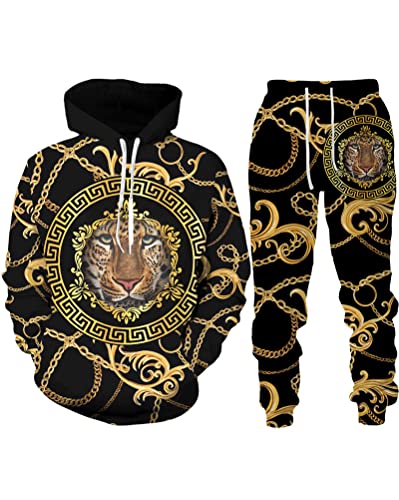 Osheoiso 2 Teilig Herren Jogginganzug Bekleidungsset mit Löwen Tigermuster Zweiteiler Sportanzug Freizeitanzug Outfit Set Sweatshirt Sweathose B 1 3XL von Osheoiso