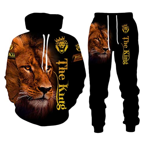 Osheoiso 2 Teilig Herren Jogginganzug Bekleidungsset mit Löwen Tigermuster Zweiteiler Sportanzug Freizeitanzug Outfit Set Sweatshirt Sweathose B Schwarz 3XL von Osheoiso