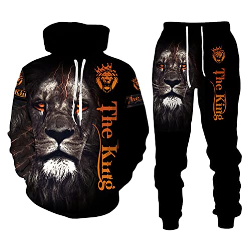 Osheoiso 2 Teilig Herren Jogginganzug Bekleidungsset mit Löwen Tigermuster Zweiteiler Sportanzug Freizeitanzug Outfit Set Sweatshirt Sweathose D Schwarz XL von Osheoiso