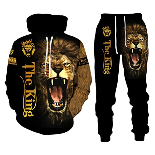 Osheoiso 2 Teilig Herren Jogginganzug Bekleidungsset mit Löwen Tigermuster Zweiteiler Sportanzug Freizeitanzug Outfit Set Sweatshirt Sweathose G Schwarz 3XL von Osheoiso