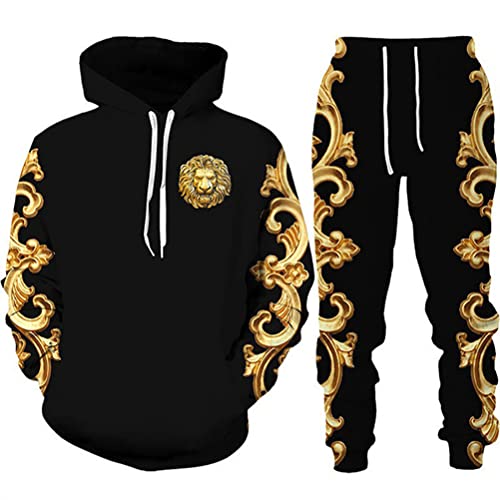 Osheoiso 2 Teilig Herren Jogginganzug Bekleidungsset mit Löwen Tigermuster Zweiteiler Sportanzug Freizeitanzug Outfit Set Sweatshirt Sweathose I 1 3XL von Osheoiso