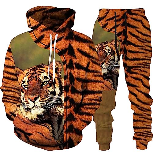 Osheoiso 2 Teilig Herren Jogginganzug Bekleidungsset mit Löwen Tigermuster Zweiteiler Sportanzug Freizeitanzug Outfit Set Sweatshirt Sweathose J 2 3XL von Osheoiso