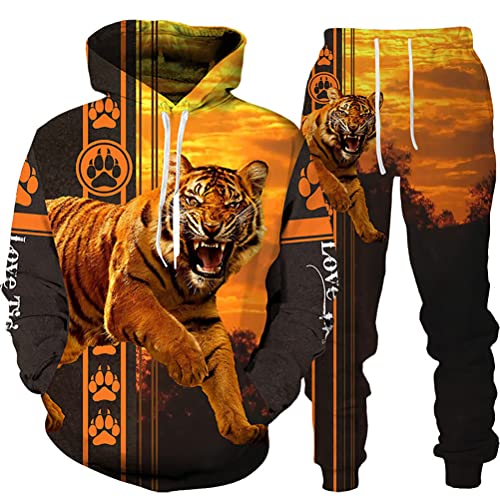 Osheoiso 2 Teilig Herren Jogginganzug Bekleidungsset mit Löwen Tigermuster Zweiteiler Sportanzug Freizeitanzug Outfit Set Sweatshirt Sweathose J 3 M von Osheoiso