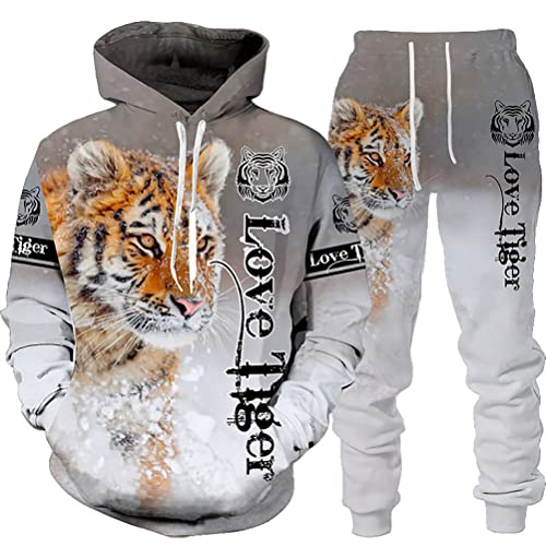 Osheoiso 2 Teilig Herren Jogginganzug Bekleidungsset mit Löwen Tigermuster Zweiteiler Sportanzug Freizeitanzug Outfit Set Sweatshirt Sweathose J 5 M von Osheoiso