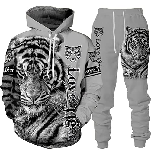 Osheoiso 2 Teilig Herren Jogginganzug Bekleidungsset mit Löwen Tigermuster Zweiteiler Sportanzug Freizeitanzug Outfit Set Sweatshirt Sweathose J 6 3XL von Osheoiso