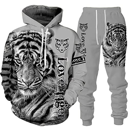Osheoiso 2 Teilig Herren Jogginganzug Bekleidungsset mit Löwen Tigermuster Zweiteiler Sportanzug Freizeitanzug Outfit Set Sweatshirt Sweathose J 6 5XL von Osheoiso